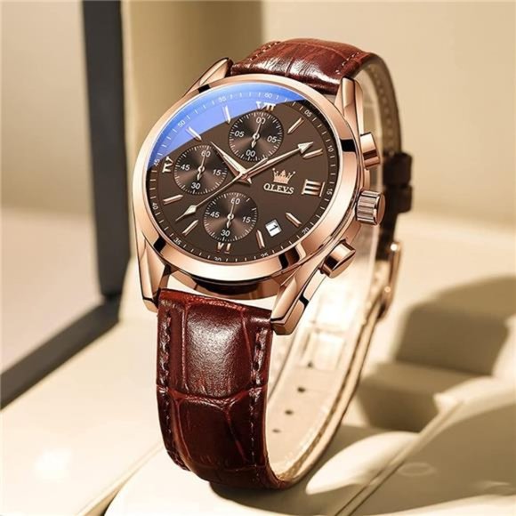 Men's Chronograph Quartz Watches, Leather Strap Gold Case Waterproof - Picture 5 of 6